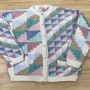 Vintage 90s Cream Pastel Geometric Patchwork Cardigan Sweater Medium Cottagecore